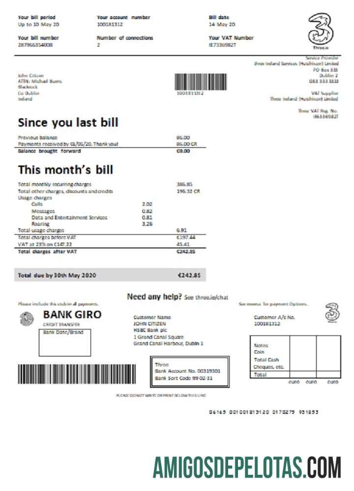 Conta de serviços públicos Three.ie da Irlanda exemplo real